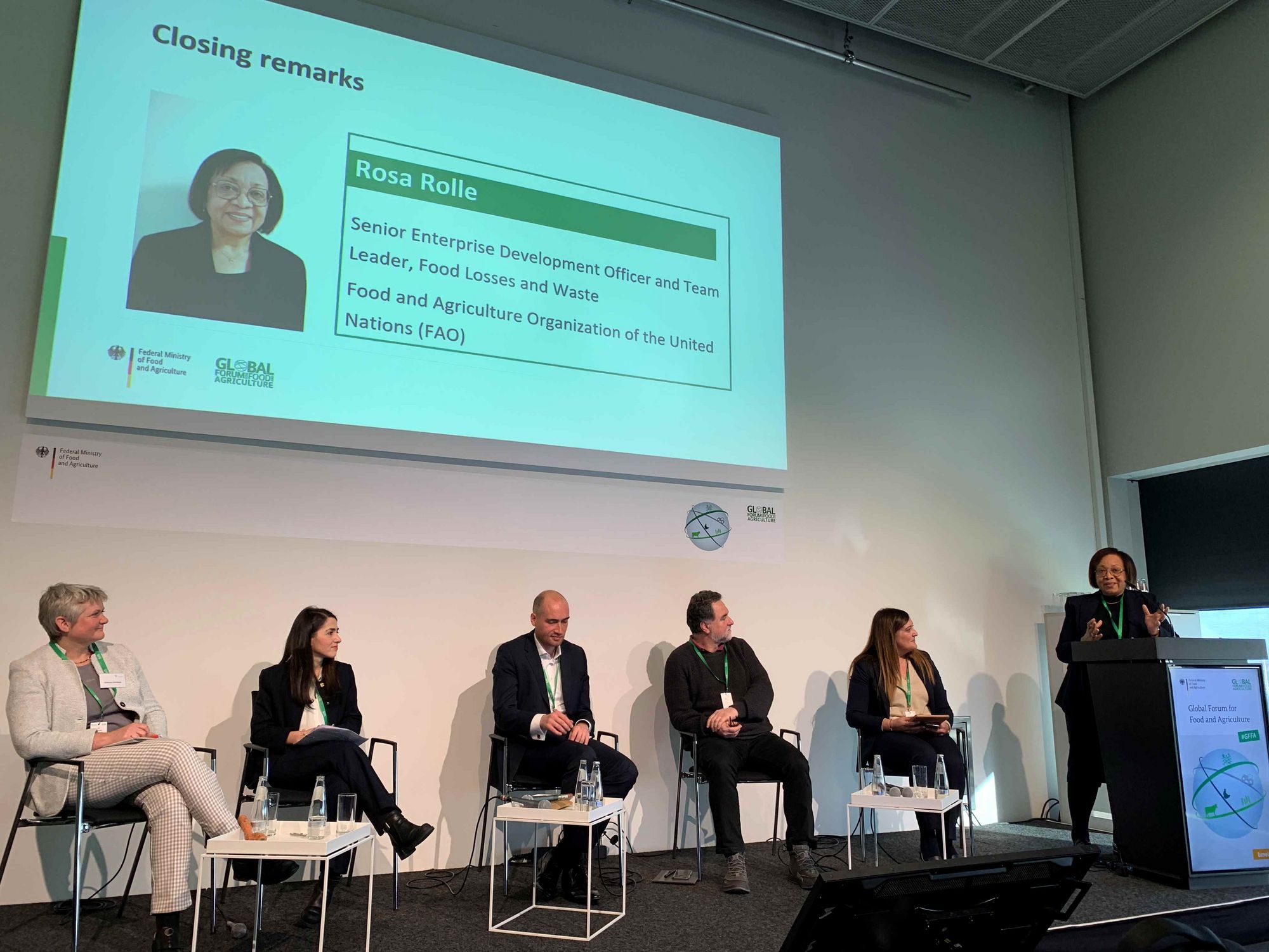 Felicitas Schneider (Thünen Institute), Eva Sali (copa*cogeca), Chris Hill (FoodCloud), Adolfo Villafiorita (Share.Tech) and Angela Frigo (FEBA) listening to the concluding remarks given by Rosa Rolle (FAO).