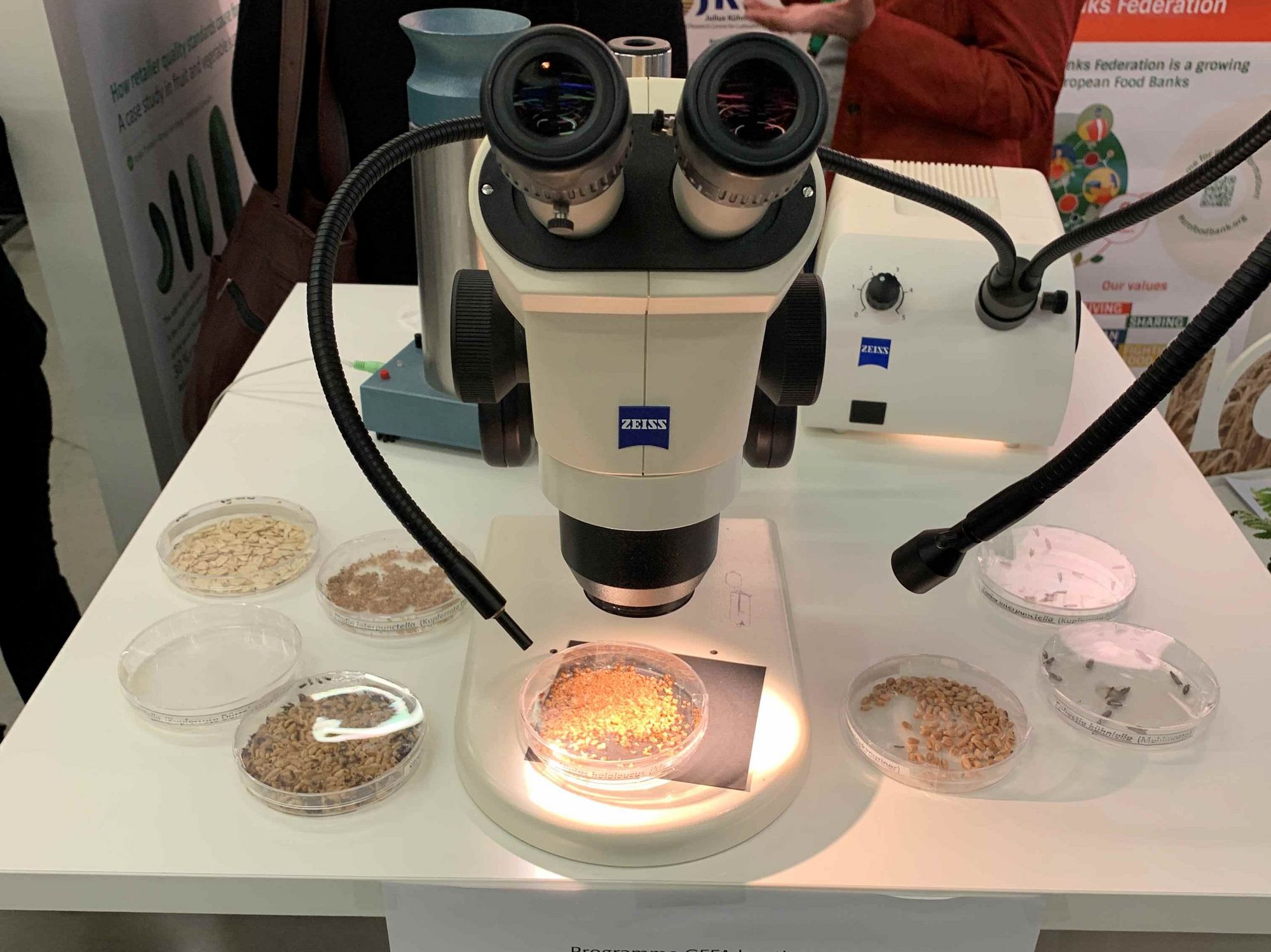 Devices for the optical and acoustic detection of grain pests, provided by our colleagues from the Julius Kühn Institute at the GFFA 2024 exhibition booth.